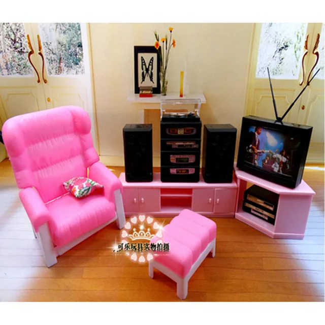 US $23.58 For Barbie Doll Furniture Accessories Plastic Toy Living Room Furniture Set TV Speaker Sofa Pillow 