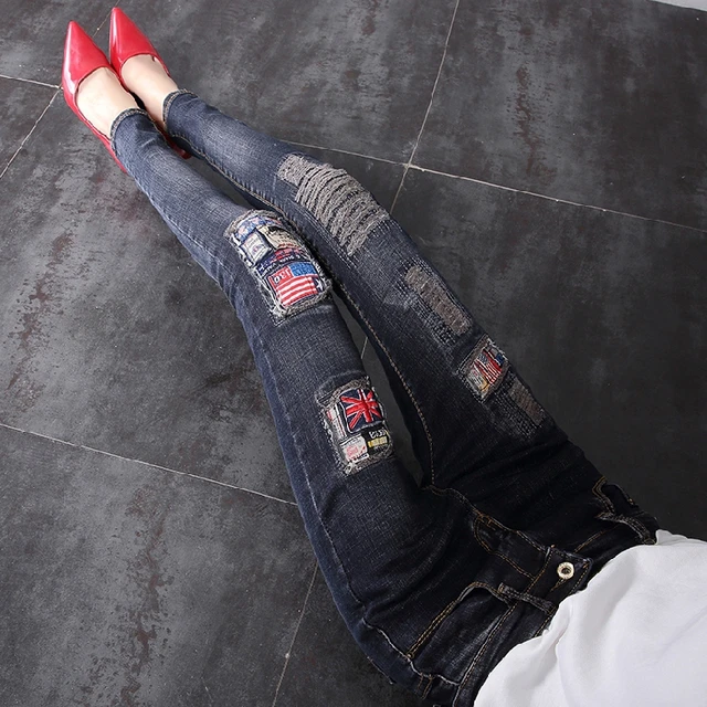2018 womens new fashion embroidery slim ripped jeans girls mid waist 2018 womens new fashion embroidery slim ripped jeans girls mid waist