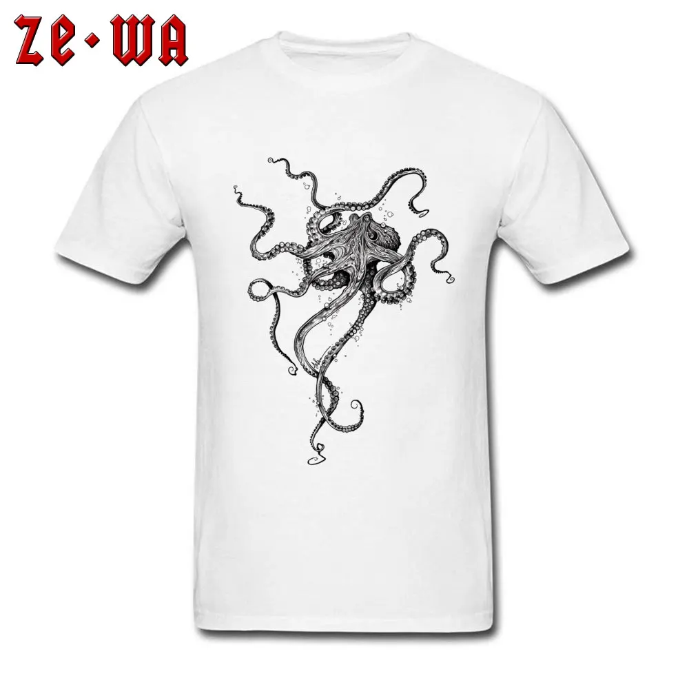 Round Collar Octopus 100% Cotton Male Top T-shirts Normal Short Sleeve Tops T Shirt Rife Printed T-shirts Top Quality Octopus white