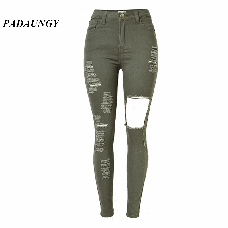 PADAUNGY Для женщин Высокая Талия рваные Джинсы для Ripped Jeggings Pantalon Taille Haute Femme плюс