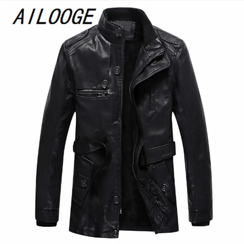 Брендовая мужская одежда Стенд воротник из плотного флиса Искусственная кожа Куртки мужские модные повседневные теплые Искусственная кожа зимняя куртка