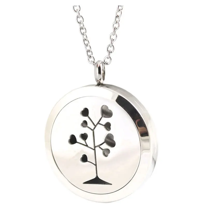 10pcs 30mm Round Silver Heart Tree of Love Aromatherapy Oils Stainless Steel Perfume Diffuser Locket Necklace Pendant