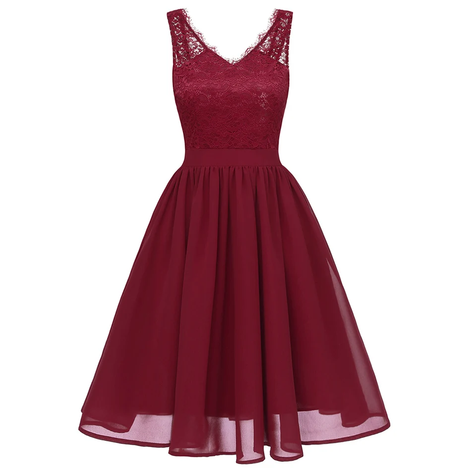 Burgundy V Neck Sleeveless Lace Special Occasion Dress