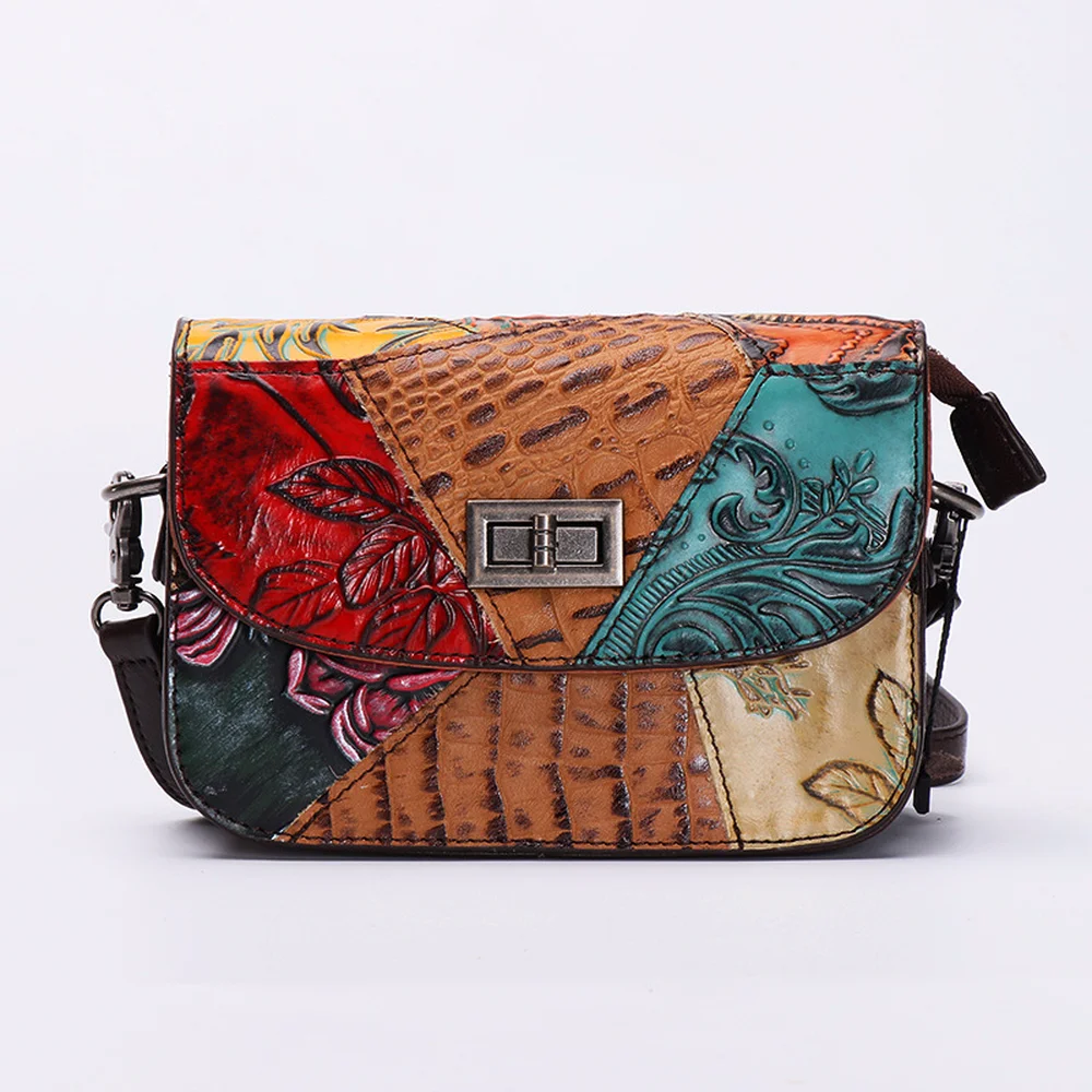 

2018 New Women Genuine Leather Bags Fashion Retro Patchwork Panelled Small Flap Bag Temperament Lock Shoulder Crossbody Bags
