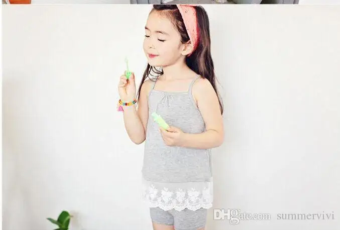  Fashion Europe and America style children outfits Suits grils sleeveless camisole lace tops Pure color shorts sets kids clothing ZAO481