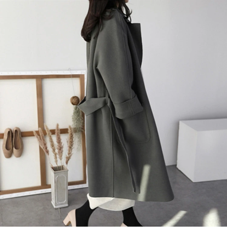 

thick loose solid 2018 Autumn winter New Women's Casual wool blend trench coat oversize Double Breasted Long coat with belt
