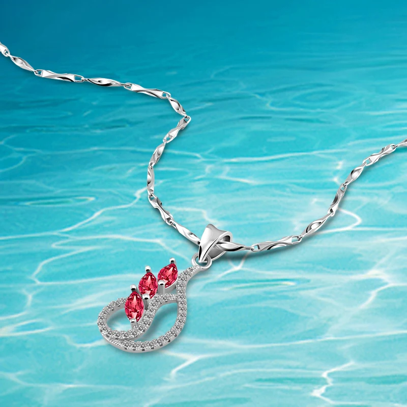 Charm Solid 925 Sterling Silver Pendants necklace,Red CZ Pendant Chain