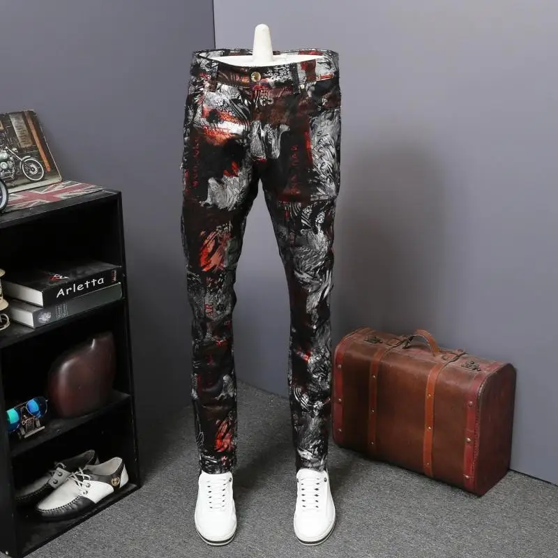 Autumn Mens Printed Jeans Floral Printing Design White Jeans For Men