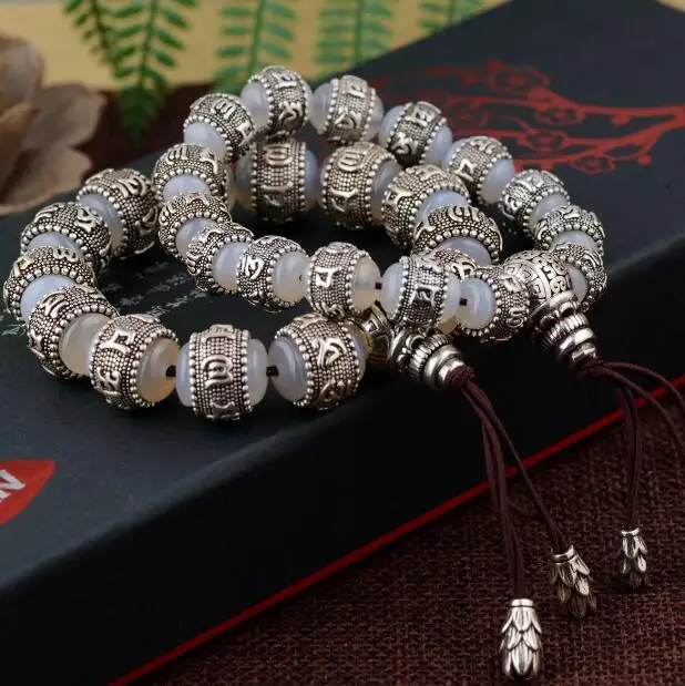 

Handmade 925 Silver Tibetan Six Words Proverb Beads Bracelet Lover's Braceelet Buddhist Mala Bracelet