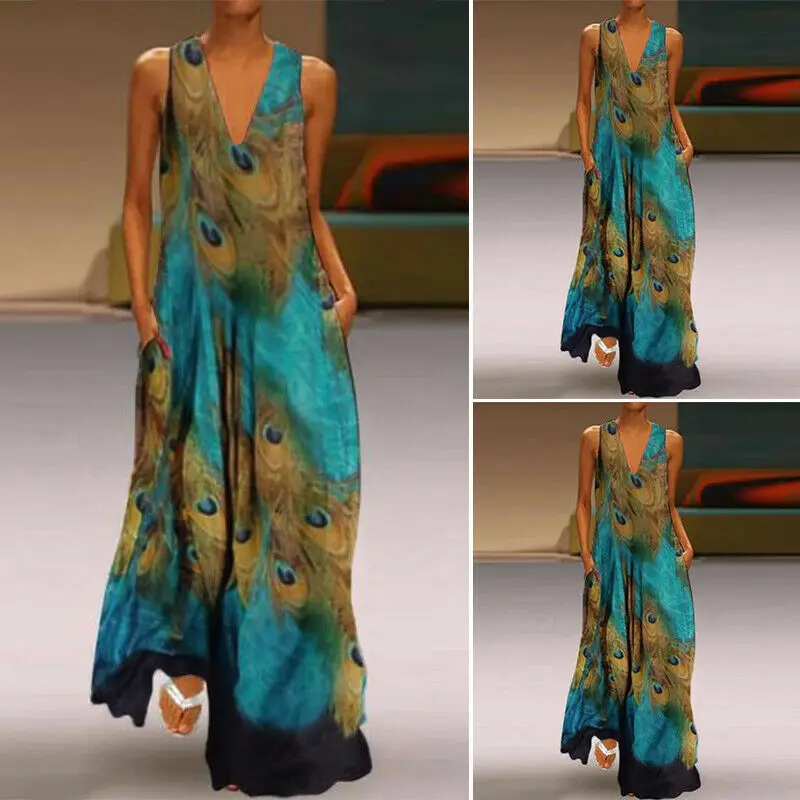 

Women Sleeveless Peacock Print Long Maxi Dress Bohemia Summer Beach Shirt Dress