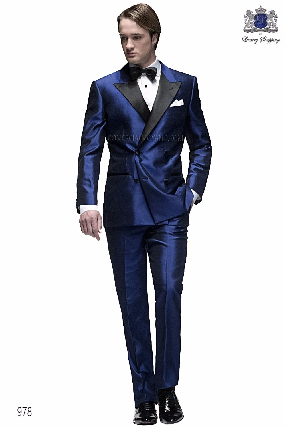 Latest Coat Pant Designs Italian Navy Blue Satin Men Suit Prom Suits