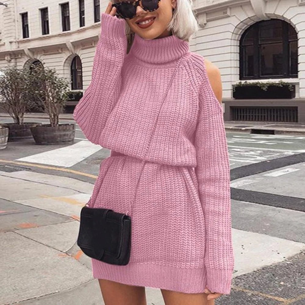 

CYSINCOS Autumn Winter Women Turtleneck Off Shoulder Knitted Sweater Dress Solid Slim Oversized Long Pullovers Casual Knitwear