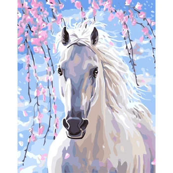 

Painting By Numbers DIY Dropshipping 40x50 50x65cm White flower Horse Animal Canvas Wedding Decoration Art picture Gift