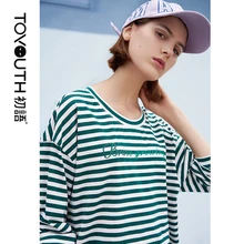 Toyouth estilo coreano camiseta Harajuku cuello redondo algodón Top de manga larga a rayas camiseta femenina primavera Casual Tops(China)