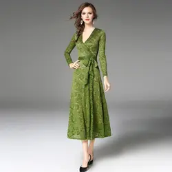 2018 элегантный темперамент, зеленый кружева завернутый пикантные Весна и осень V с длинным рукавом длинное платье. Кружевное платье