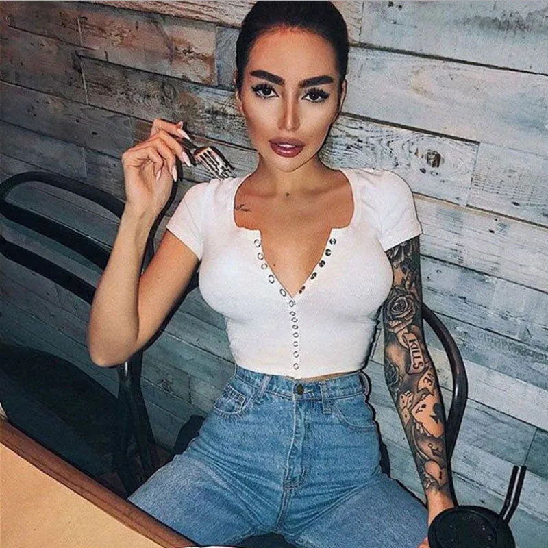 Women's Casual Short Sleeve Crop Tops Solid O-Neck Button Fashion Sexy T-Shirts Stylish Midriff-Baring Short T-Shirt