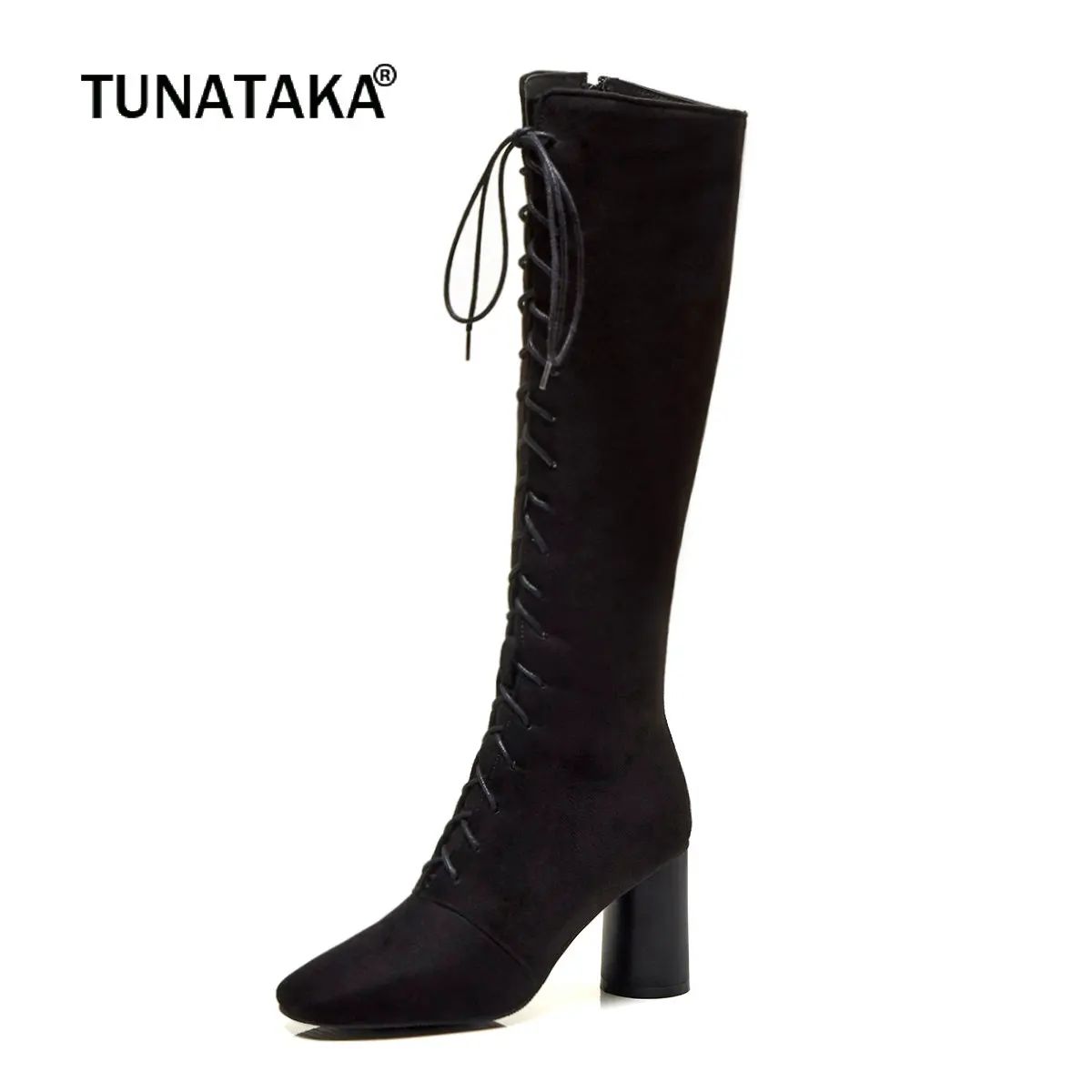 

Fashion Square Toe Knee High Boots Women Black Flock Leather Chunky High Heels Zipper Boots Lace Up Autumn Winter Shoes 2018