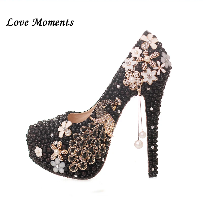 Свадебная обувь с черным жемчугом модная обувь с круглым носком на каблуке с павлином женская свадебная обувь больших размеров свадебное вечернее платье