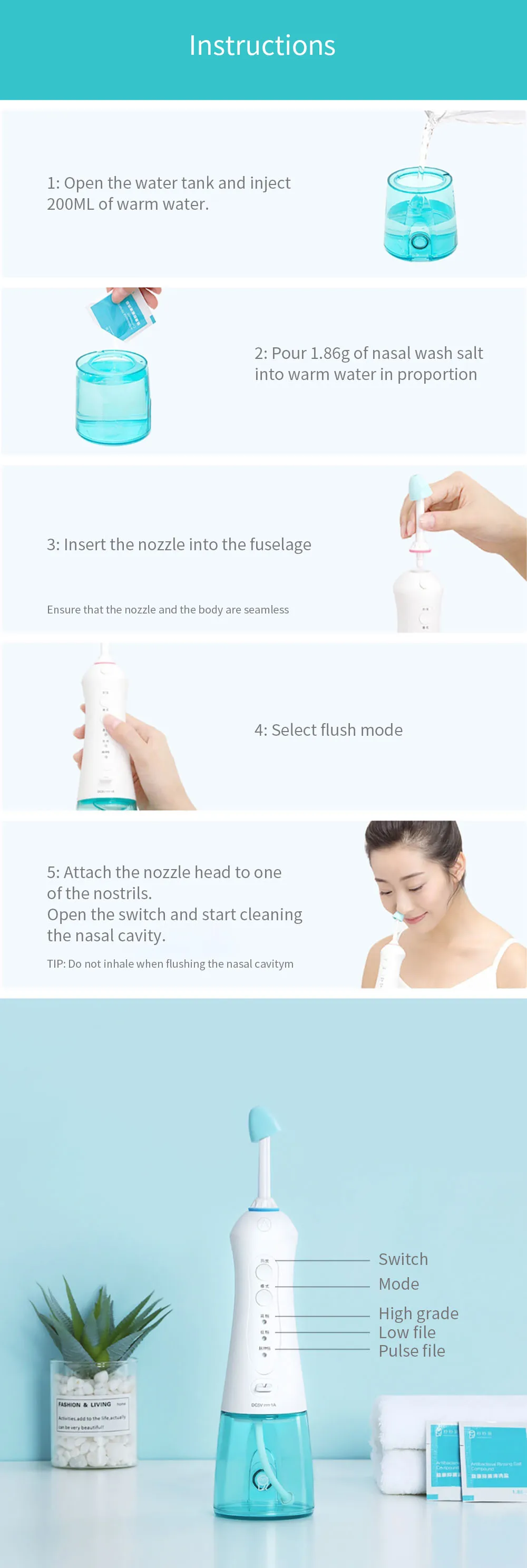 Xiaomi miaomiaoce Electric Nasal Wash 360 degree rotation Cleaner Nose Rechargeable Waterproof Allergic Rhinitis Neti Pot Kit (3)