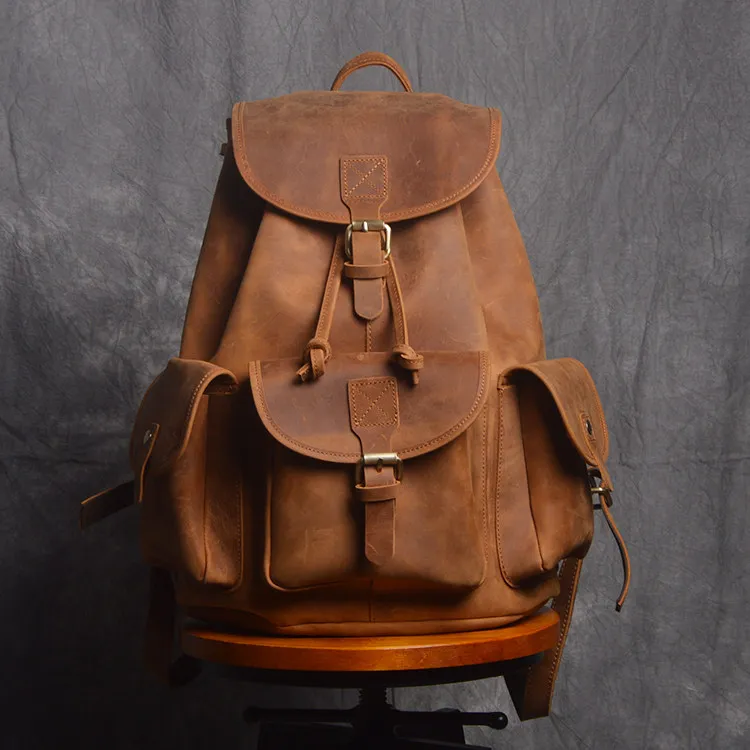 Mens Vintage Leather Backpack Drawstring - Woosir