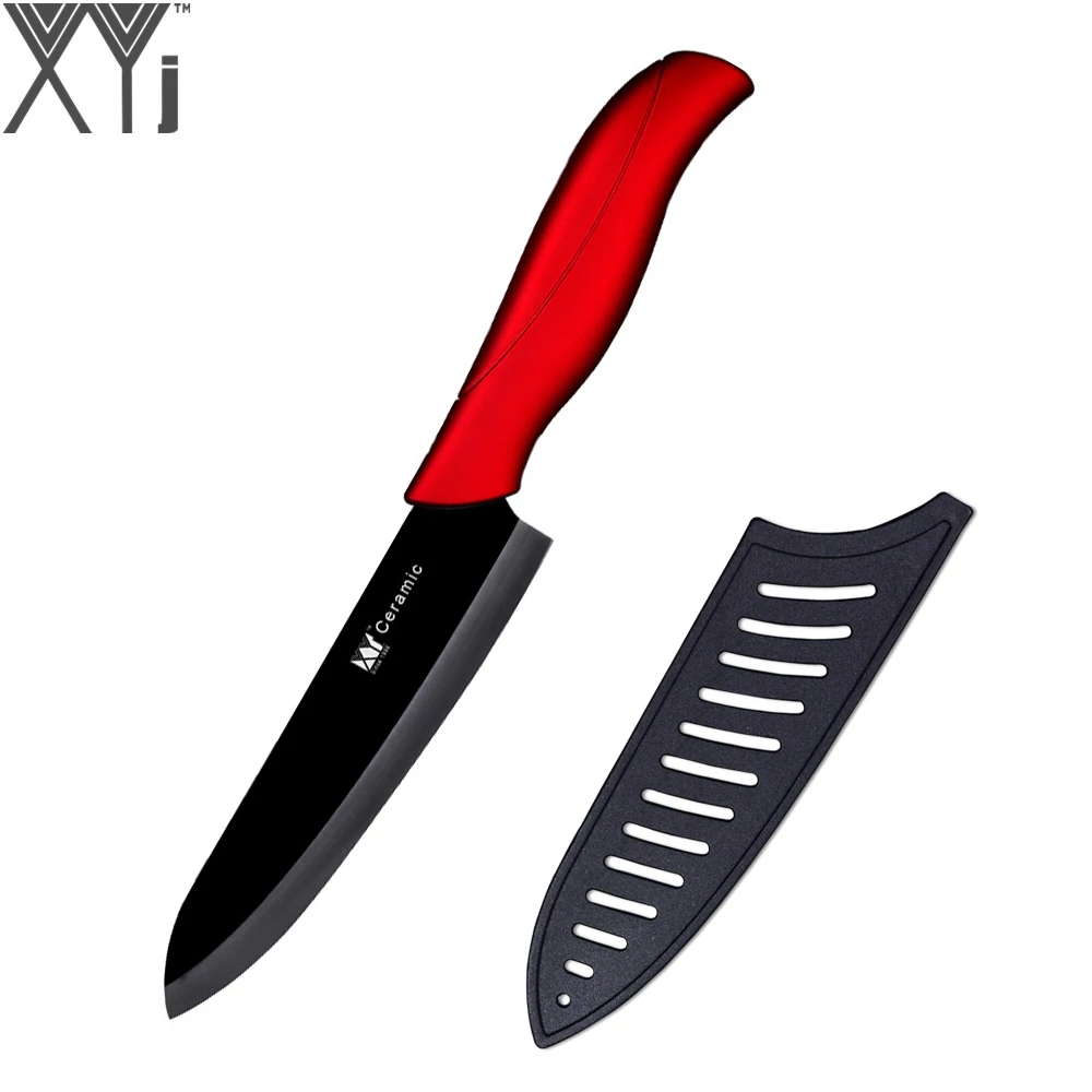XYj 6 inch Ceramic Knife Red TPR Coated ABS Handle Black Zirconia Blade Kitchen Knife