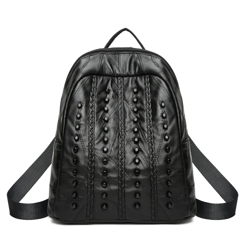 

New Women Backpacks Rivet Black Soft Sheepskin Leather Bags Shoulder Schoolbags For Girls Female Backpacks Travel Bag Daypacks
