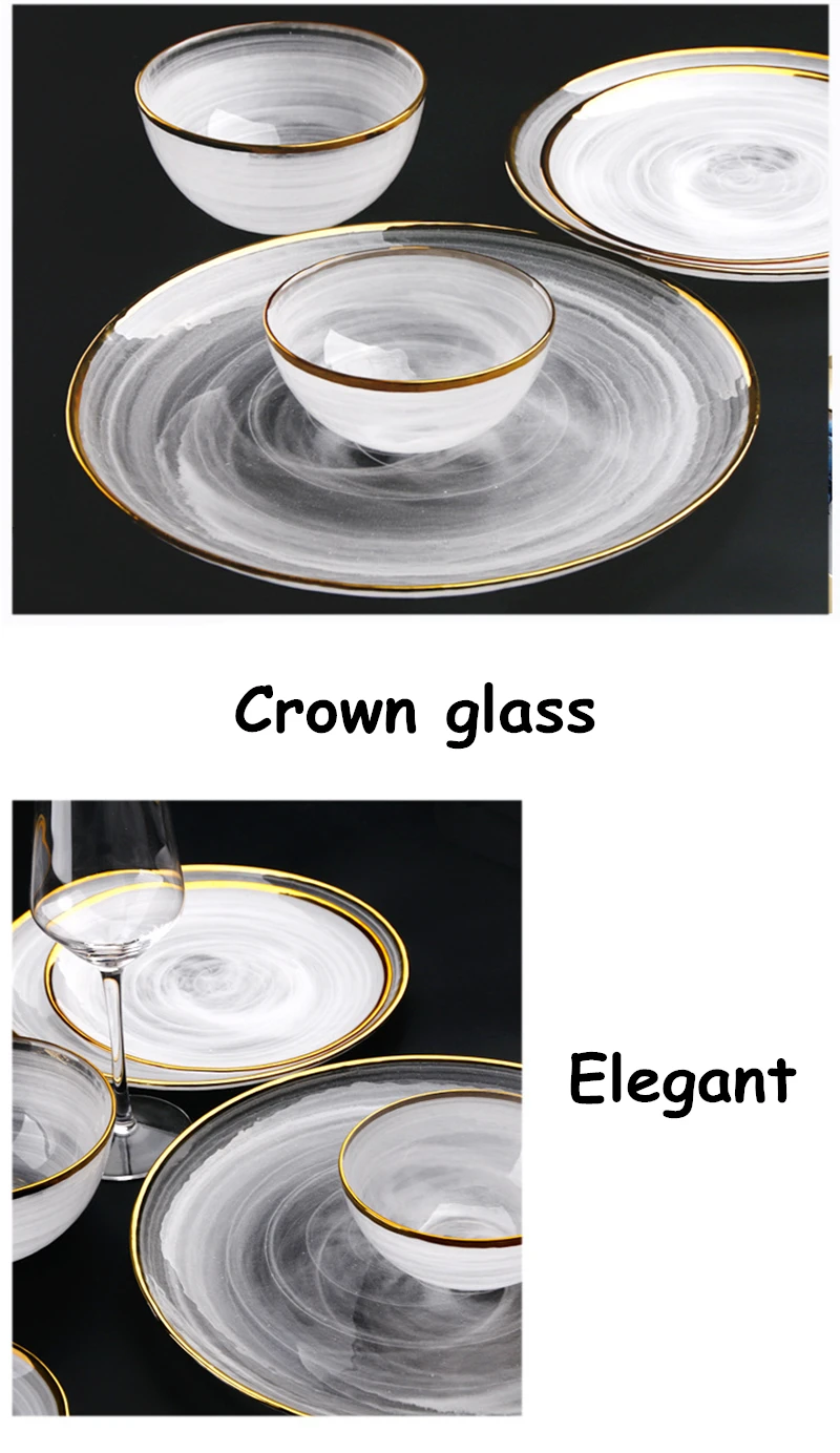 Набор стеклянных столовых приборов, плоская тарелка с золотым краем, тарелка для салата, набор посуды, тарелка с боковым поддоном, стеклянный набор посуды, миска для супа, 1 шт