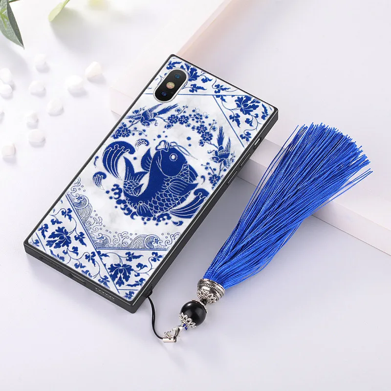 Для iPhone 11 Pro Max 6 6s 7 8 Plus X XS чехол роскошный китайский сине-белый фарфор закаленное стекло Чехол для Телефона Ремень бампер Funda - Цвет: Fish