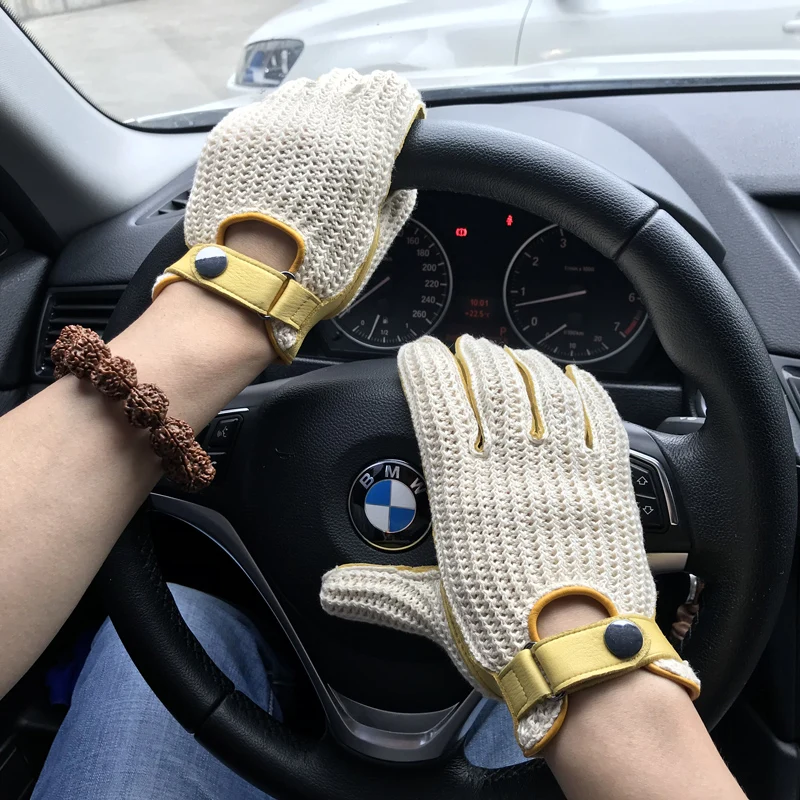 Mens Goatskin Leather Gloves Back Knitted Gloves Lambskin NEW Unlined Non-Slip Motorcycle Driving Gloves Male Leather Mittens