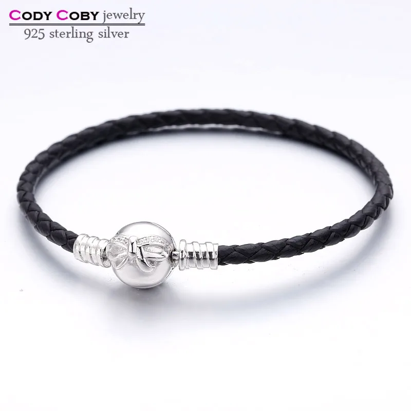 

Real Black Leather Snake Chain Bracelet with 925 Sterling Silver Bow Clasp Charm Bracelets For Women Men Original DIY Jewelry