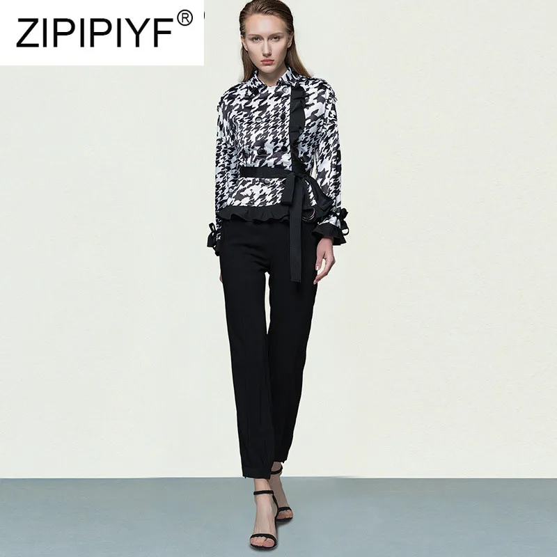 

New Fashion Women Sets Lady Long Sleeve Printed Shirt Blouse High Waist Bodycon Long Pants Female Elegant Two Pieces Suits K715