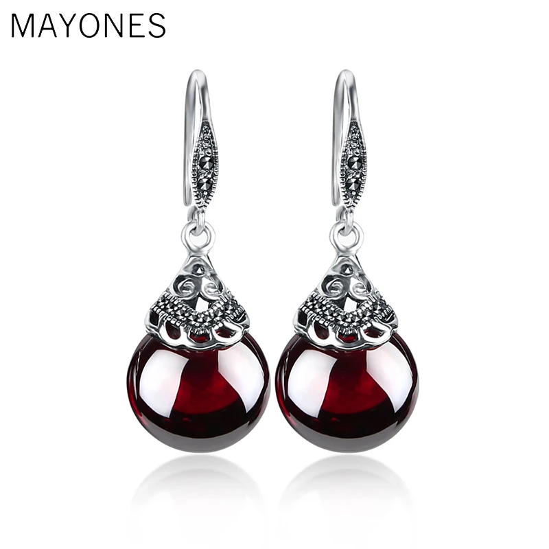 

MAYONES 925 Sterling Silver Earrings For Women Retro Round Natural Garnet&Agate Earrings Vintage Thai Silver Jewelry Best Gift