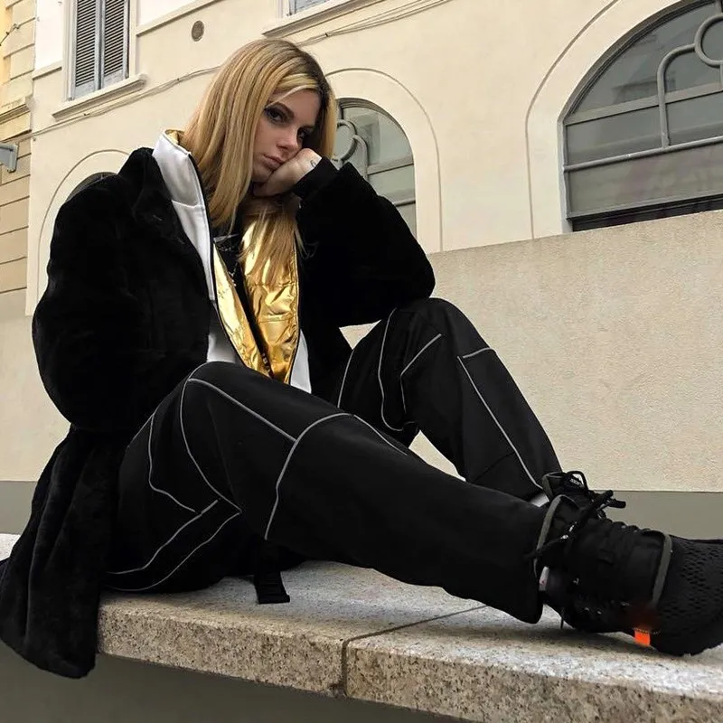 Reflective Stripe Patchwork Gothic Cargo Pants Women Sashes Streetwear 2019 High Waist Trousers Reflective Stripe Patchwork Gothic Cargo Pants Women Sashes Streetwear 2019 High Waist Trousers