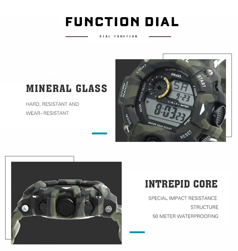 SMAEL, мужские спортивные часы, шок, военные часы, модные камуфляжные наручные часы, для дайвинга, мужские спортивные, светодиодный, цифровые, водонепроницаемые часы