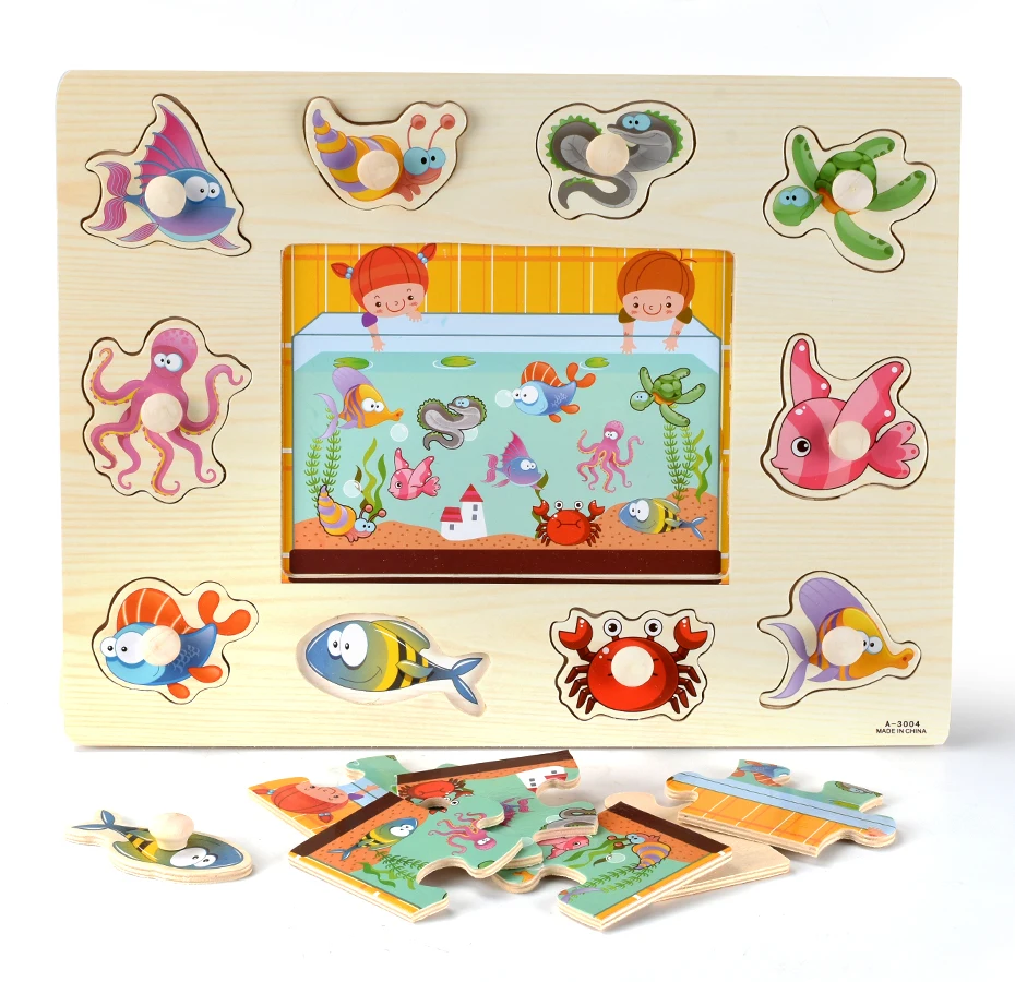 Baby Puzzle Toys Wooden Jigsaw Hand Grab Board Set Educational Toys for Children Cartoon Vehicle Marine Animal Jigsaw Child Gift