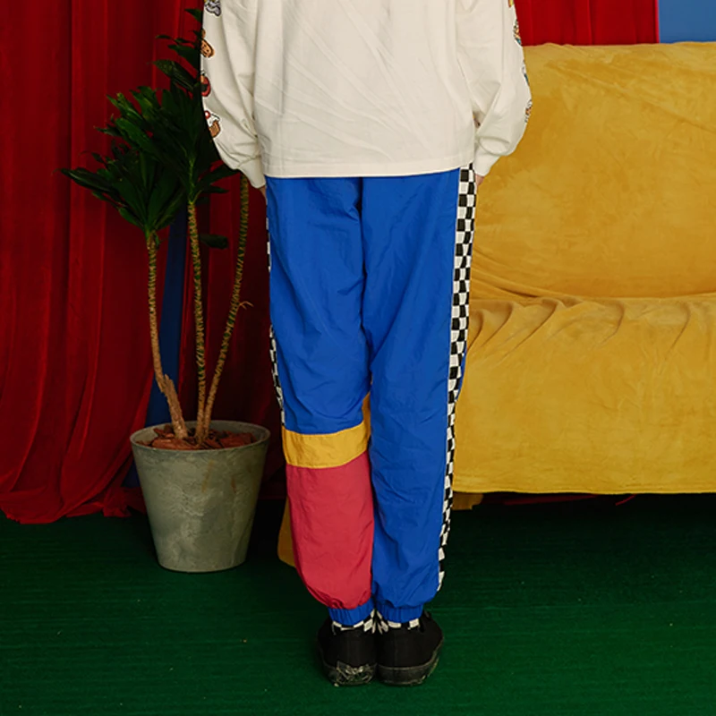 BF Харадзюку мужские женские уличные брюки синий цвет блок Сшивание дамы хип хоп Брюки Капри свободные эластичный пояс полная длина