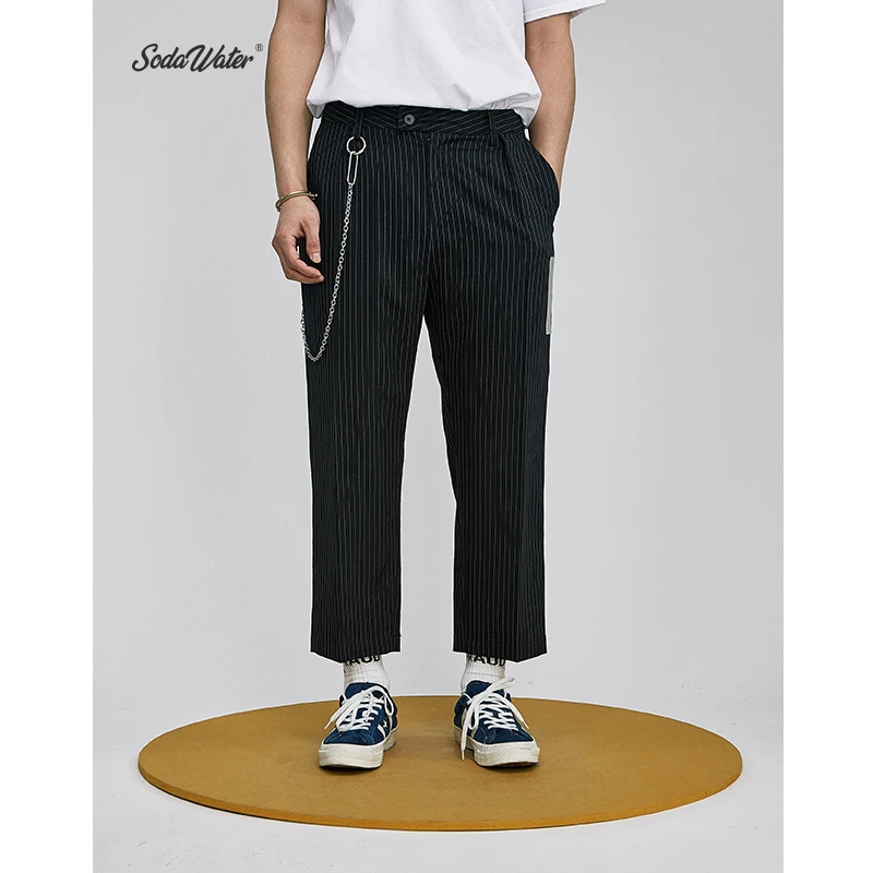 

SODA WATER England Style Striped Straight Pants Black Ankle-Length Pants 2019 Summer Spring Fashion Trousers For Men 9329S