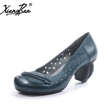 Xiangban Spring Women Shoes Pointed High Heels Genuine Leather Pumps Blue Handmade Countryside Style
