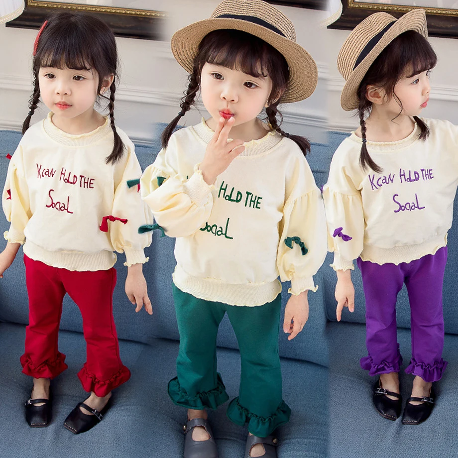 

Toddler girl clothes 2-piece set lettle-top&pants lantern sleeve with bow sweatshirt solid color pants baby clothes for a girl