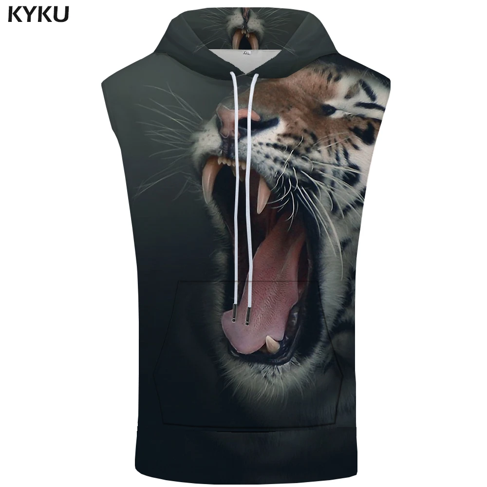 KYKU Tiger Sleeveless Hoodie Men Tooth Hooded Animal Shirt