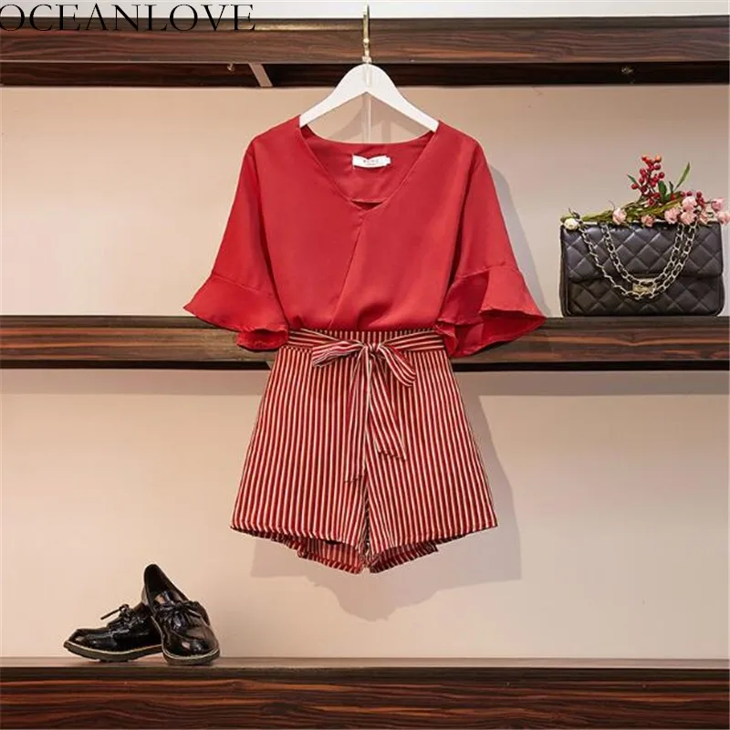

OCEANLOVE Solid V-neck Short Women Tops + Striped Lace Up Shorts 2019 Summer Two Piece Set Plus Size Conjuntos De Mujer 11807