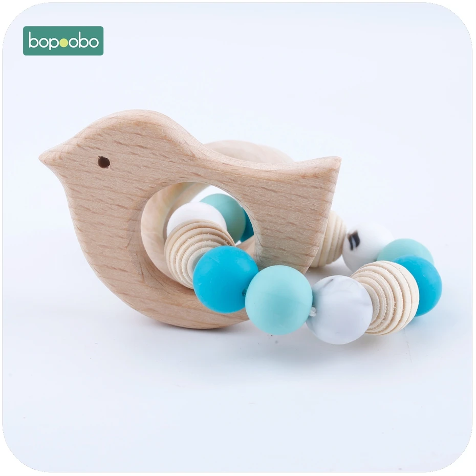 

Bopoobo Baby Rattle Accessories Double Loop Wooden Lovely Bird Chew Silicone Beads Teething Jewelry Bracelet Baby Toy Rattle