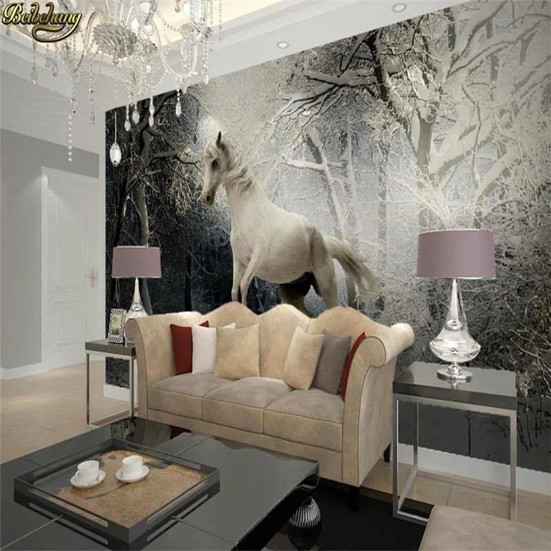 

beibehang Custom large 3d room wallpaper for walls 3 d landscape papel de parede 3d mural wall paper white horse in snowy forest