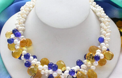

huij 004542 beautiful 3row 18" white pearl blue/yellow drip crystal necklace