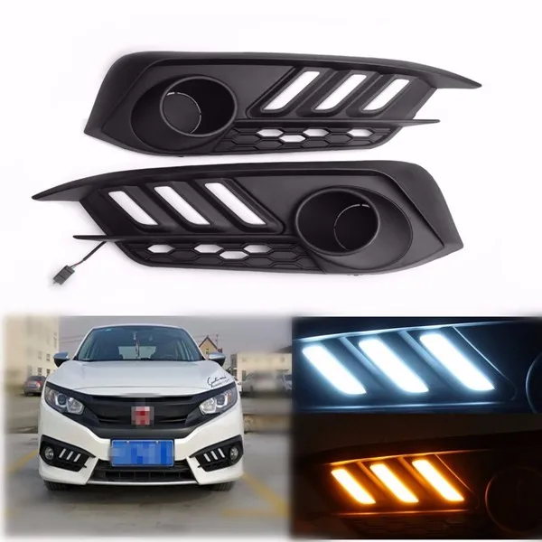 

A Pair White&Yellow Car LED Daytime Running Light Turn Fog Signals Light For Honda For Civic 10th 2016 Warning Steering Day Lamp