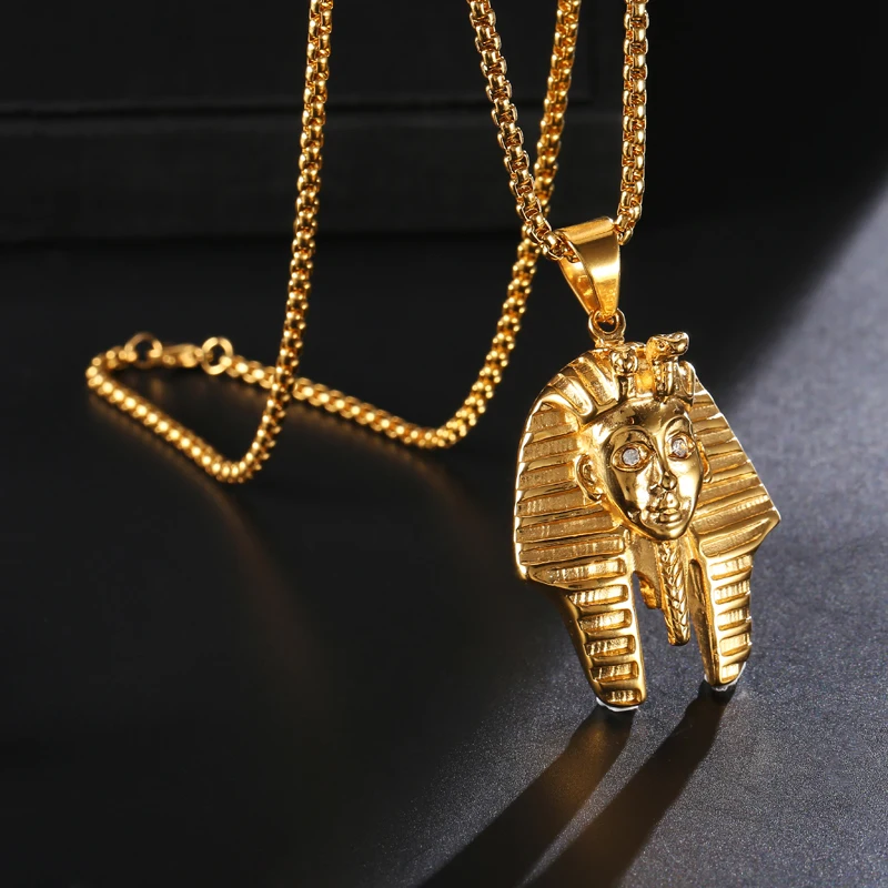 D&Z Egypt Pharaoh Pendant & Necklace Chain Stainless Steel Gold Vintage