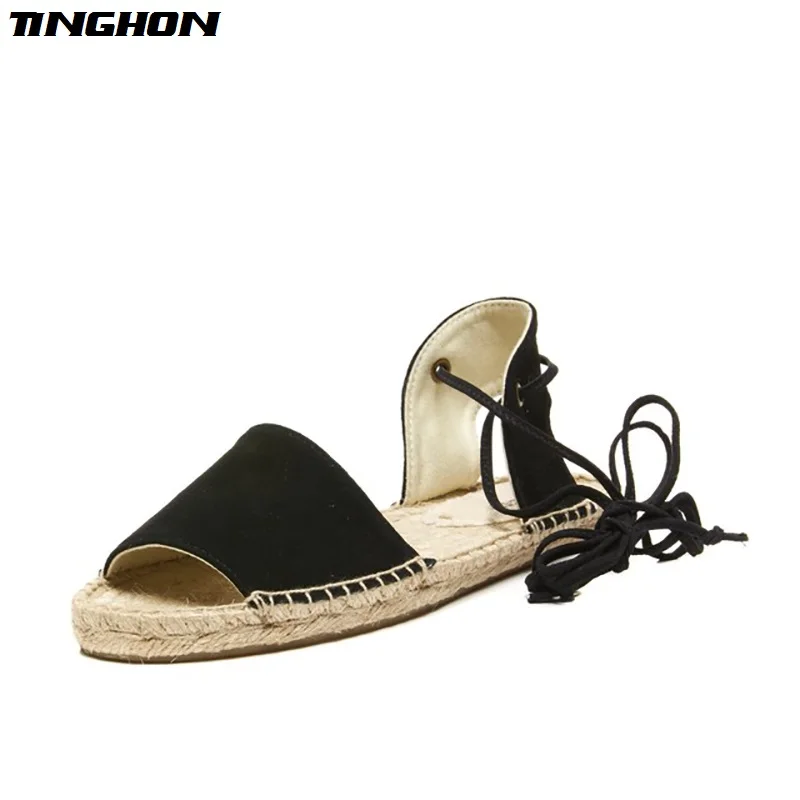 TINGHON/Модные женские эспадрильи; парусиновая Обувь На Шнуровке в римском стиле с ремешком на лодыжке; сандалии на плоской подошве в римском стиле - Цвет: Black