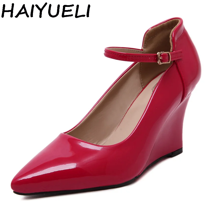 

HAIYUELI Preppy Style Women Pumps Gold Silver Red Wedding Dress Shoe Mary Jane Wedge High Heel Concise Shoes Pricess Woman 34-40