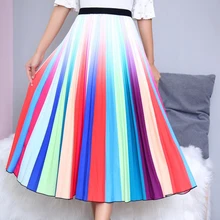 Новые модные летние женские юбки с завышенной талией радужные полосатые трапециевидные высокие уличные европейские Стильные качественные плиссированные юбки до середины икры