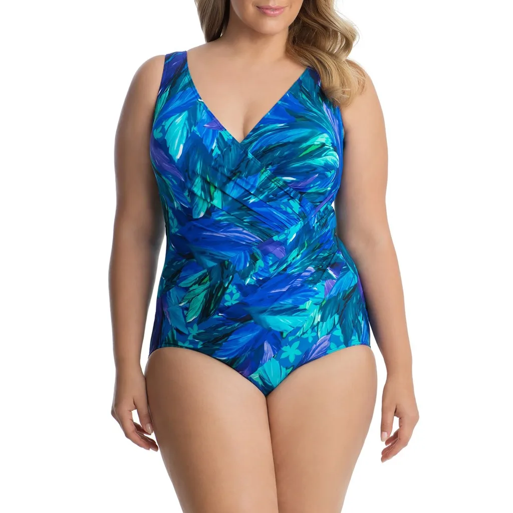 

CHAMSGEND Women'sLarge size Swimsuit Gradient print piece conjoined fertilizer pleated Fashion beach swimsuit one-piece swimsuit